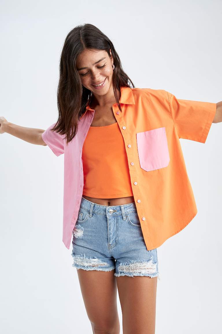 Oversized Short Sleeve Colour Block One Side Pocket Shirt