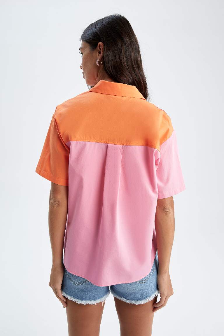 Oversized Short Sleeve Colour Block One Side Pocket Shirt