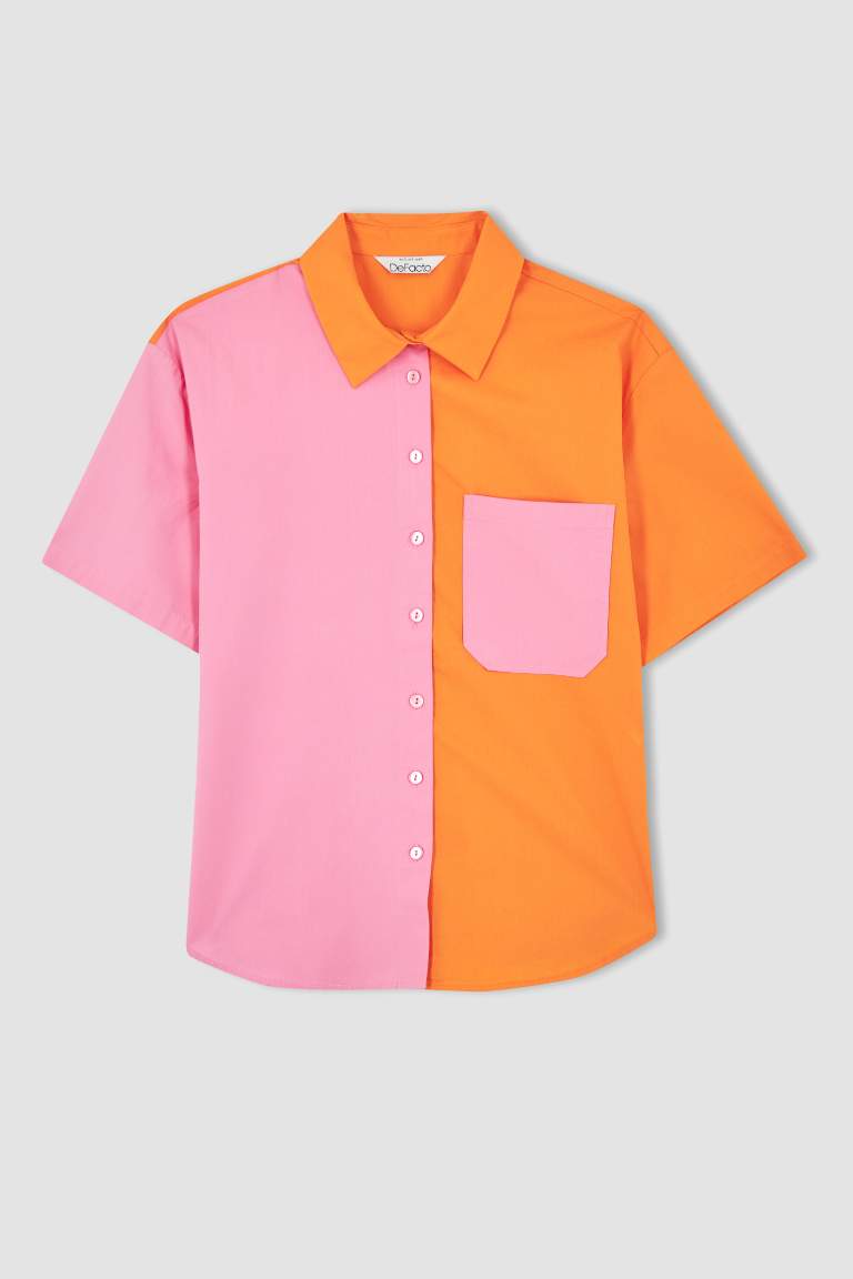 Oversized Short Sleeve Colour Block One Side Pocket Shirt