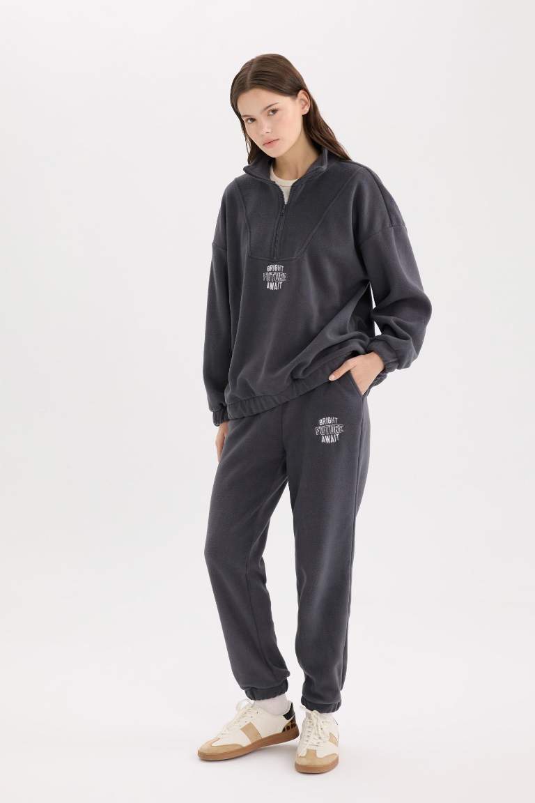 Standart Fit Polar Eşofman Altı Beli Bağcıklı Lastikli Paça Cepli Baskılı Uzun Boy