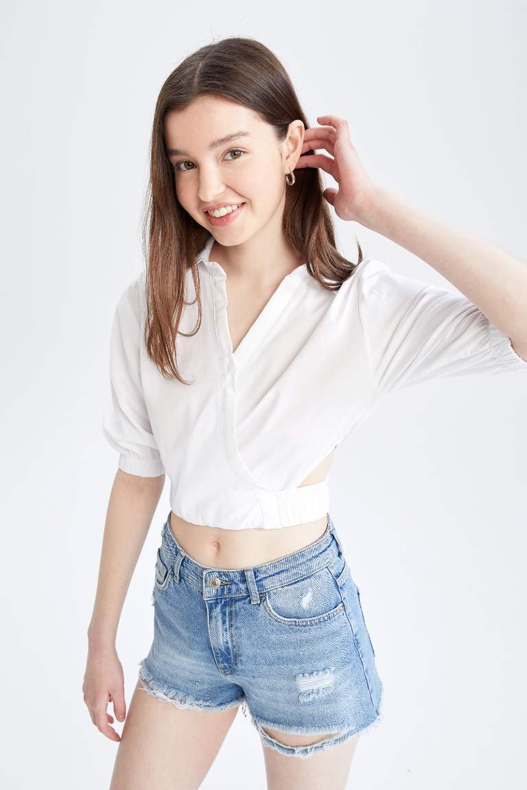 Fitted Shirt Collar Half Sleeve Crop Blouse