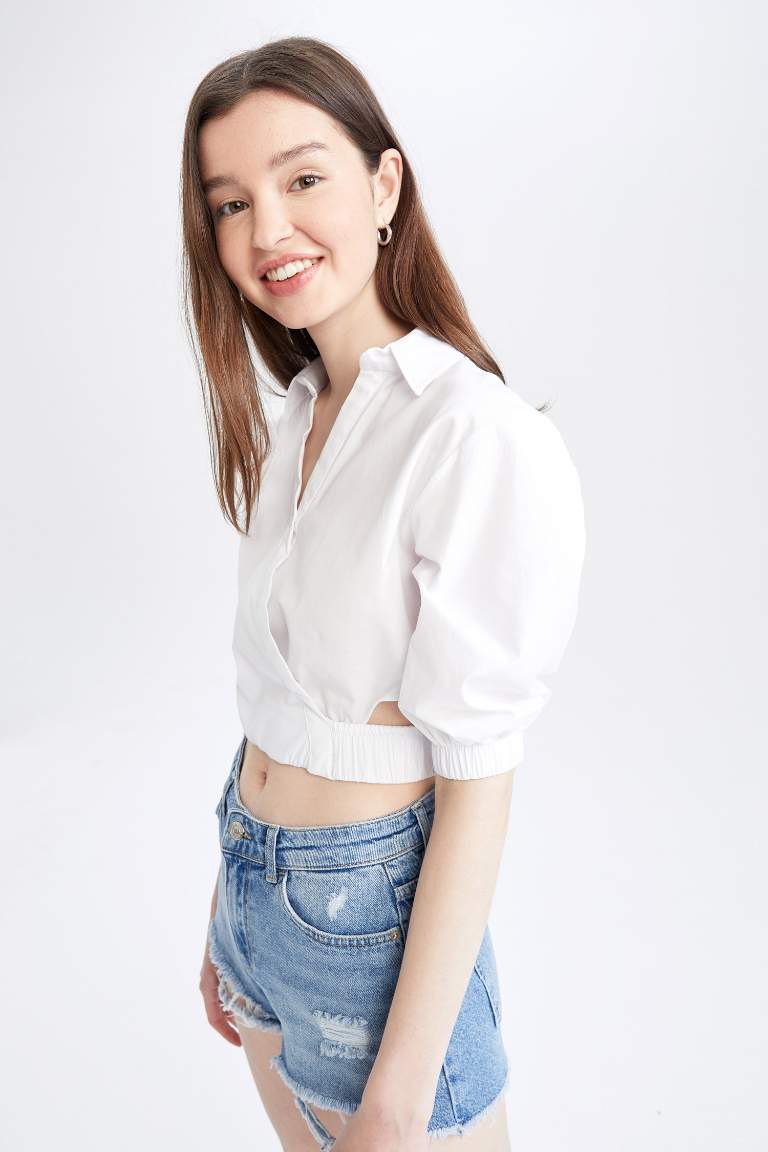 Fitted Shirt Collar Half Sleeve Crop Blouse