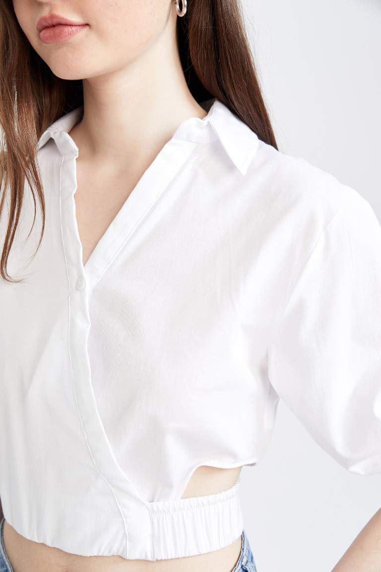 Fitted Shirt Collar Half Sleeve Crop Blouse