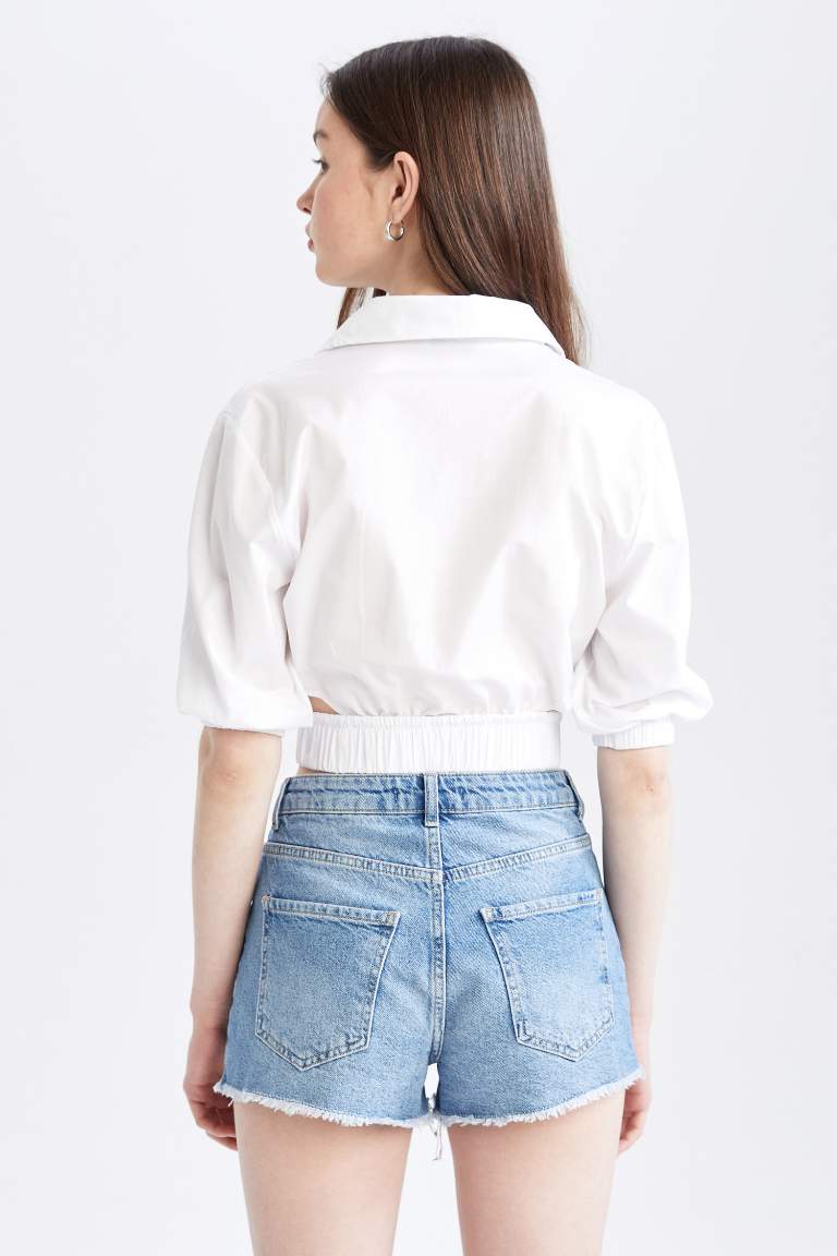 Fitted Shirt Collar Half Sleeve Crop Blouse