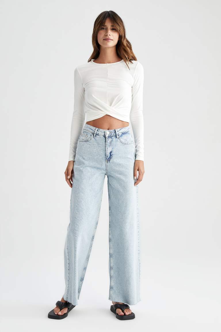 Coool Fitted Bisiklet Yaka Basic Uzun Kollu Crop Tişört