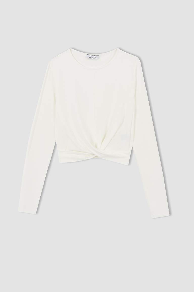 Coool Fitted Bisiklet Yaka Basic Uzun Kollu Crop Tişört