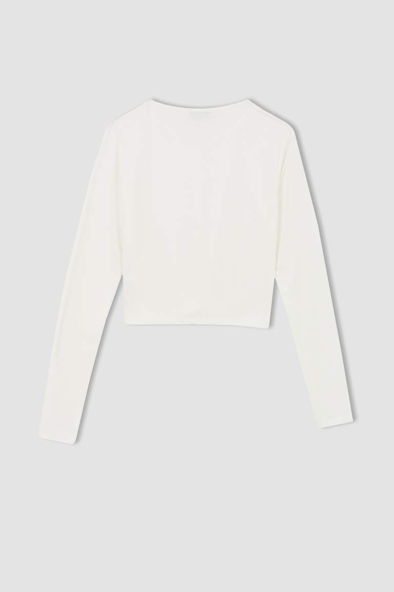 Coool Fitted Bisiklet Yaka Basic Uzun Kollu Crop Tişört