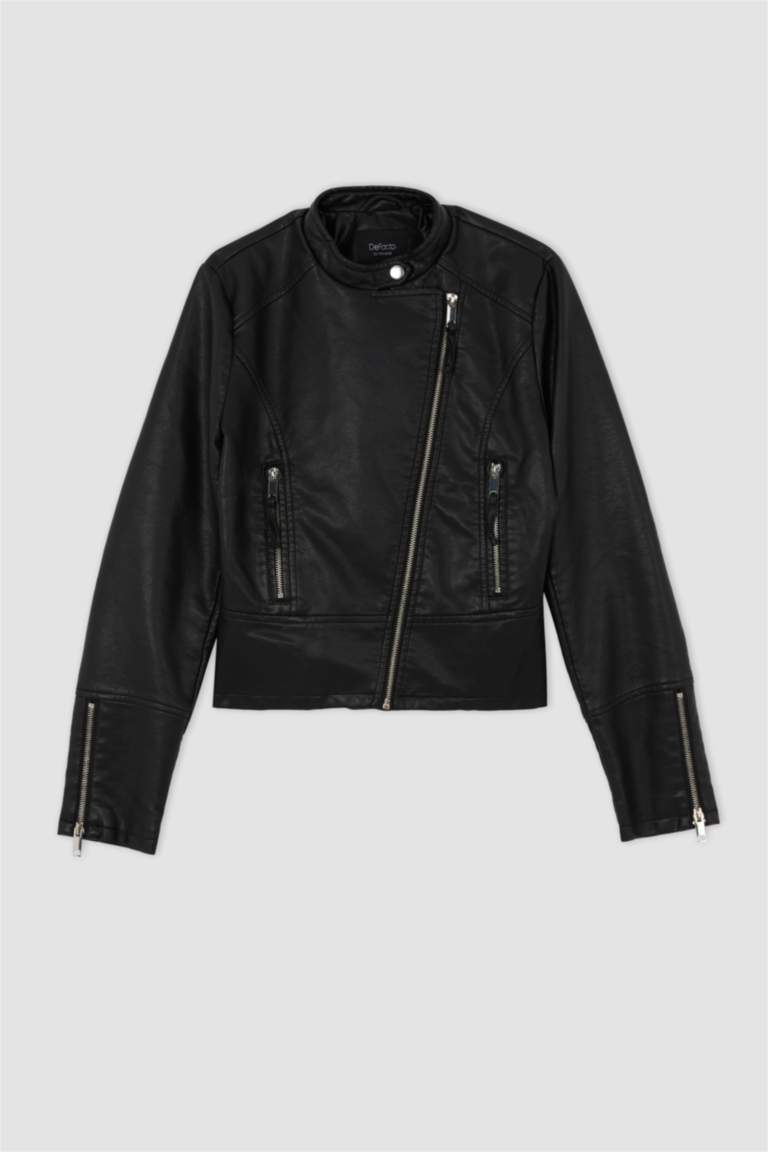 Black WOMAN Regular Fit Faux Leather Faux Leather Jacket 2544160 DeFacto