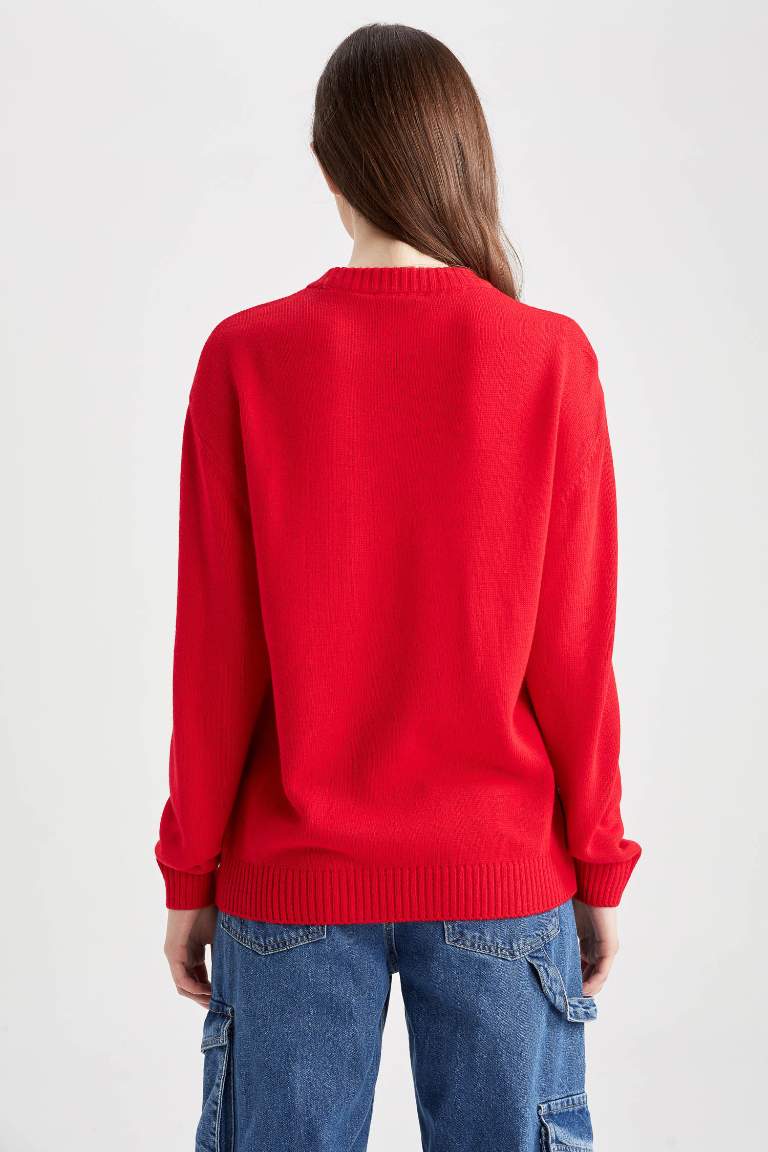 Christmas Themed Crew Neck Red Knit Pullover