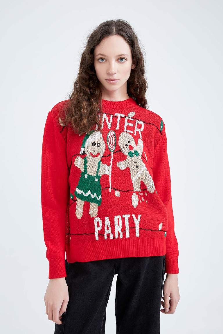 Christmas Themed Crew Neck Red Knit Pullover