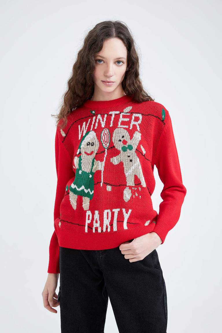 Christmas Themed Crew Neck Red Knit Pullover