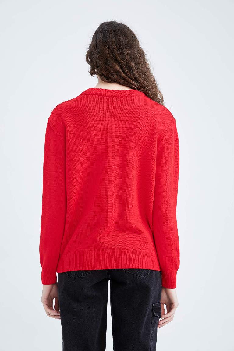 Christmas Themed Crew Neck Red Knit Pullover