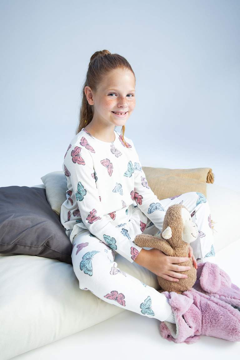 Girls Regular Fit Long Sleeve Rib Pajamas Set