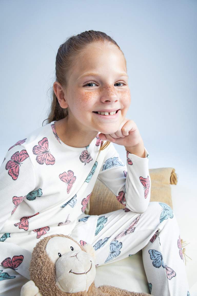 Girls Regular Fit Long Sleeve Rib Pajamas Set