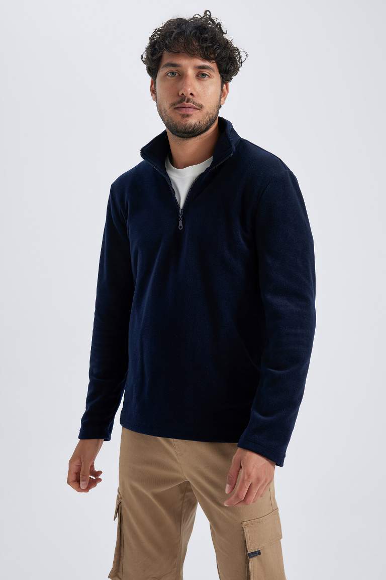 Lacivert Tüylenme Yapmayan Soğuk Geçirmez Regular Fit Dik Yaka Fermuarlı Polar Sweatshirt
