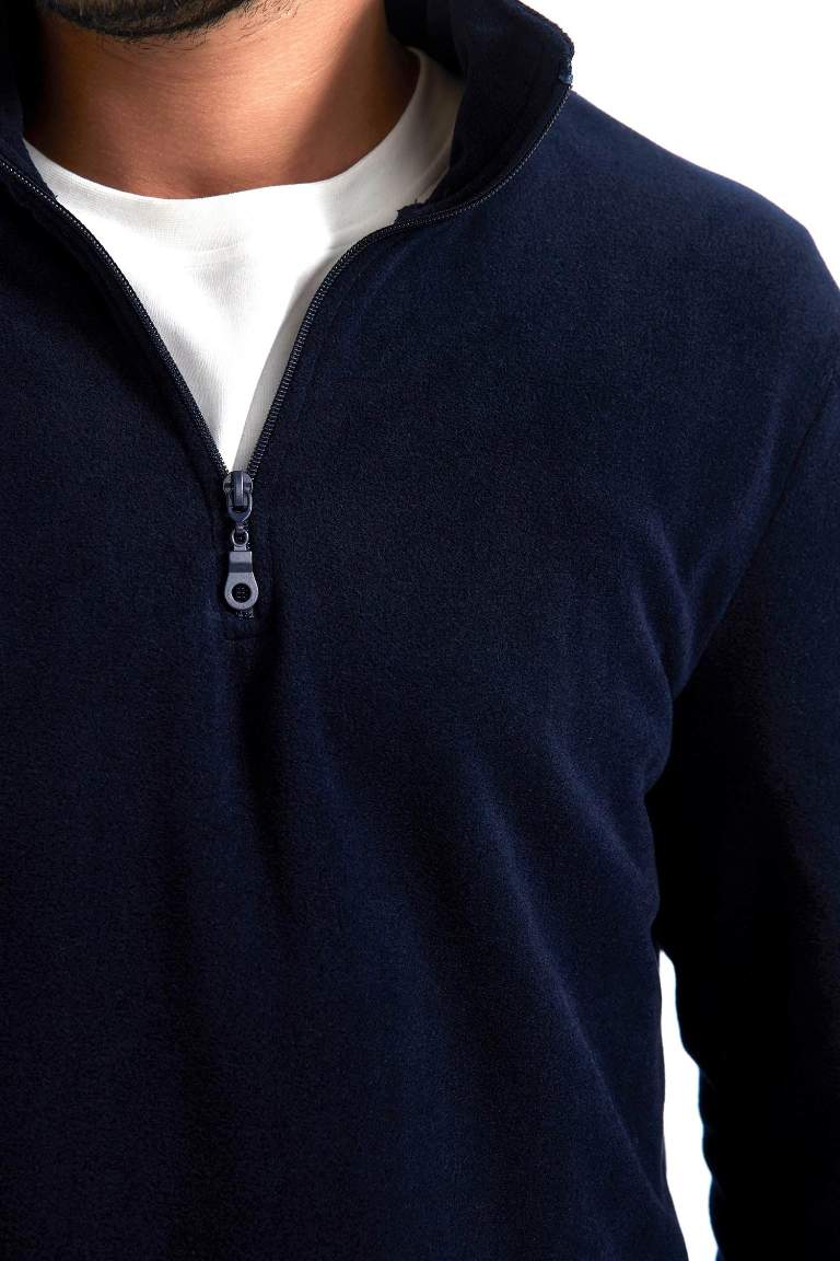 Lacivert Tüylenme Yapmayan Soğuk Geçirmez Regular Fit Dik Yaka Fermuarlı Polar Sweatshirt