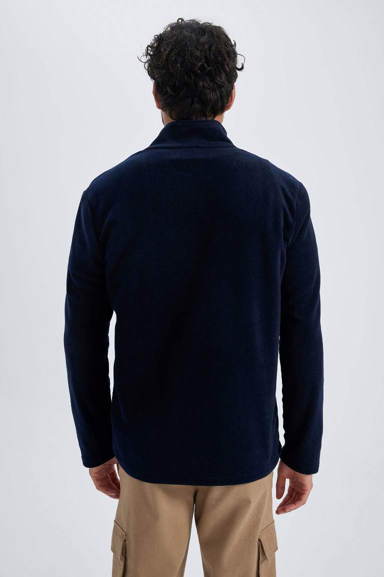 Lacivert Tüylenme Yapmayan Soğuk Geçirmez Regular Fit Dik Yaka Fermuarlı Polar Sweatshirt