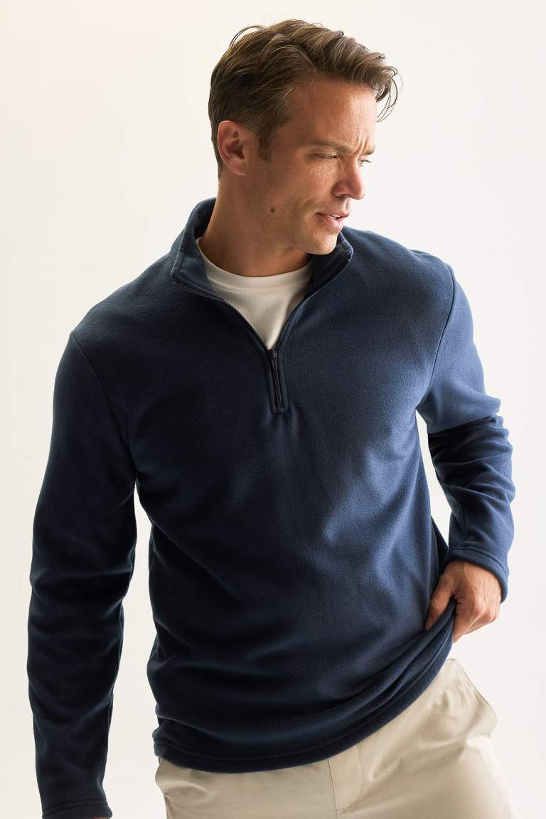 Lacivert Tüylenme Yapmayan Soğuk Geçirmez  Regular Fit Dik Yaka Fermuarlı Polar Sweatshirt