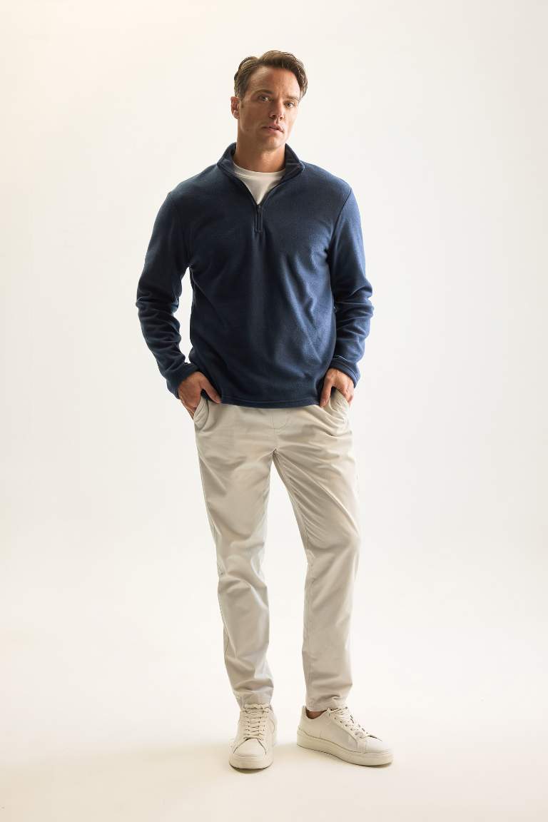 Lacivert Tüylenme Yapmayan Soğuk Geçirmez  Regular Fit Dik Yaka Fermuarlı Polar Sweatshirt