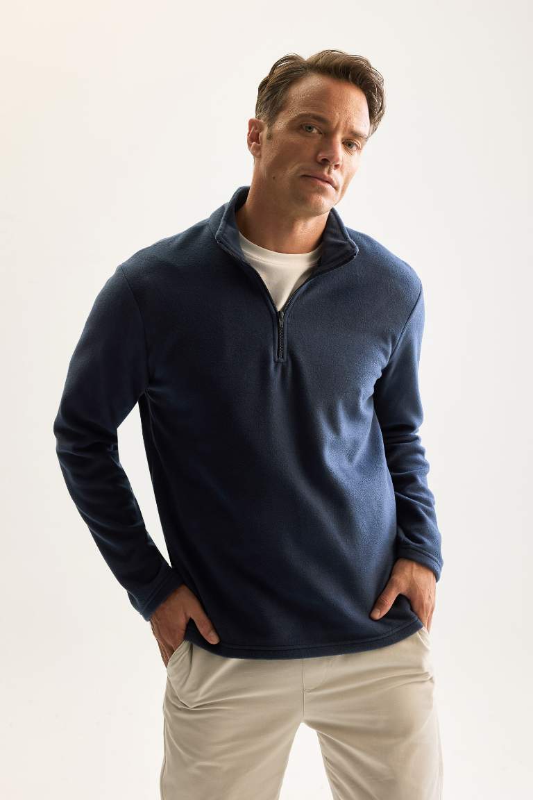 Lacivert Tüylenme Yapmayan Soğuk Geçirmez  Regular Fit Dik Yaka Fermuarlı Polar Sweatshirt