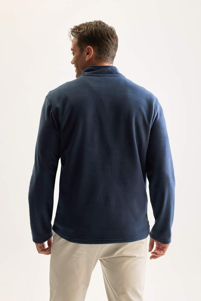Lacivert Tüylenme Yapmayan Soğuk Geçirmez  Regular Fit Dik Yaka Fermuarlı Polar Sweatshirt