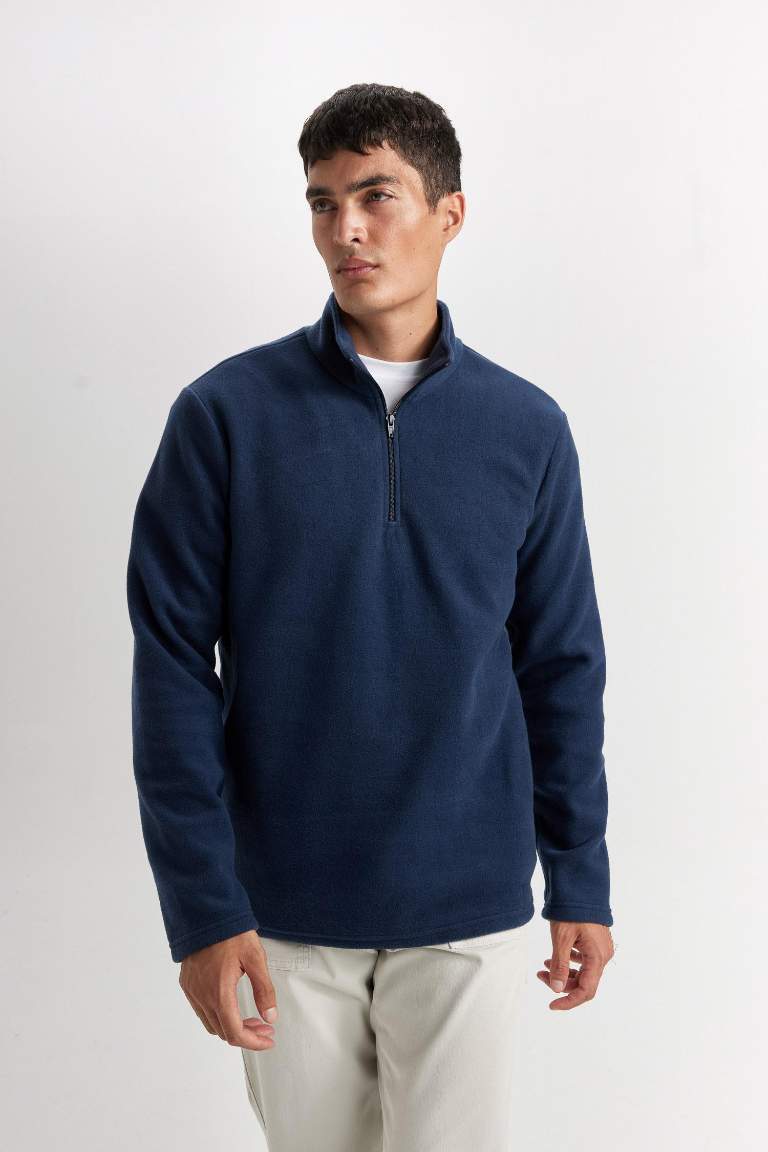 Lacivert Tüylenme Yapmayan Soğuk Geçirmez  Regular Fit Dik Yaka Fermuarlı Polar Sweatshirt