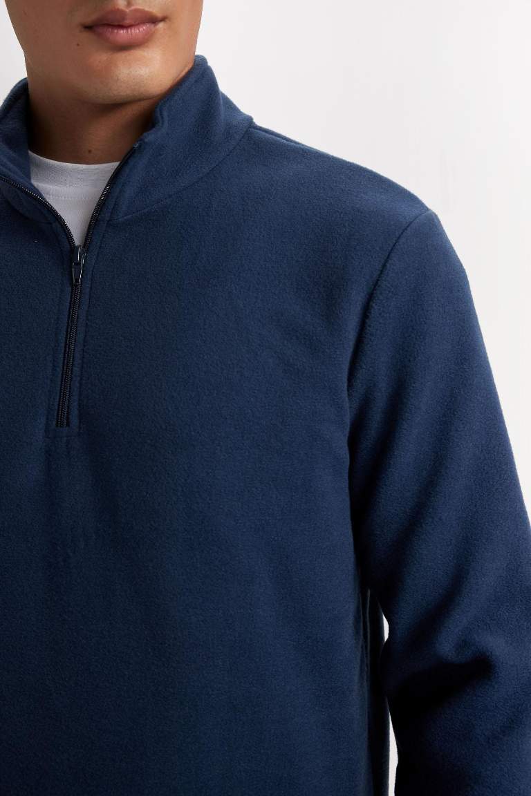 Lacivert Tüylenme Yapmayan Soğuk Geçirmez  Regular Fit Dik Yaka Fermuarlı Polar Sweatshirt