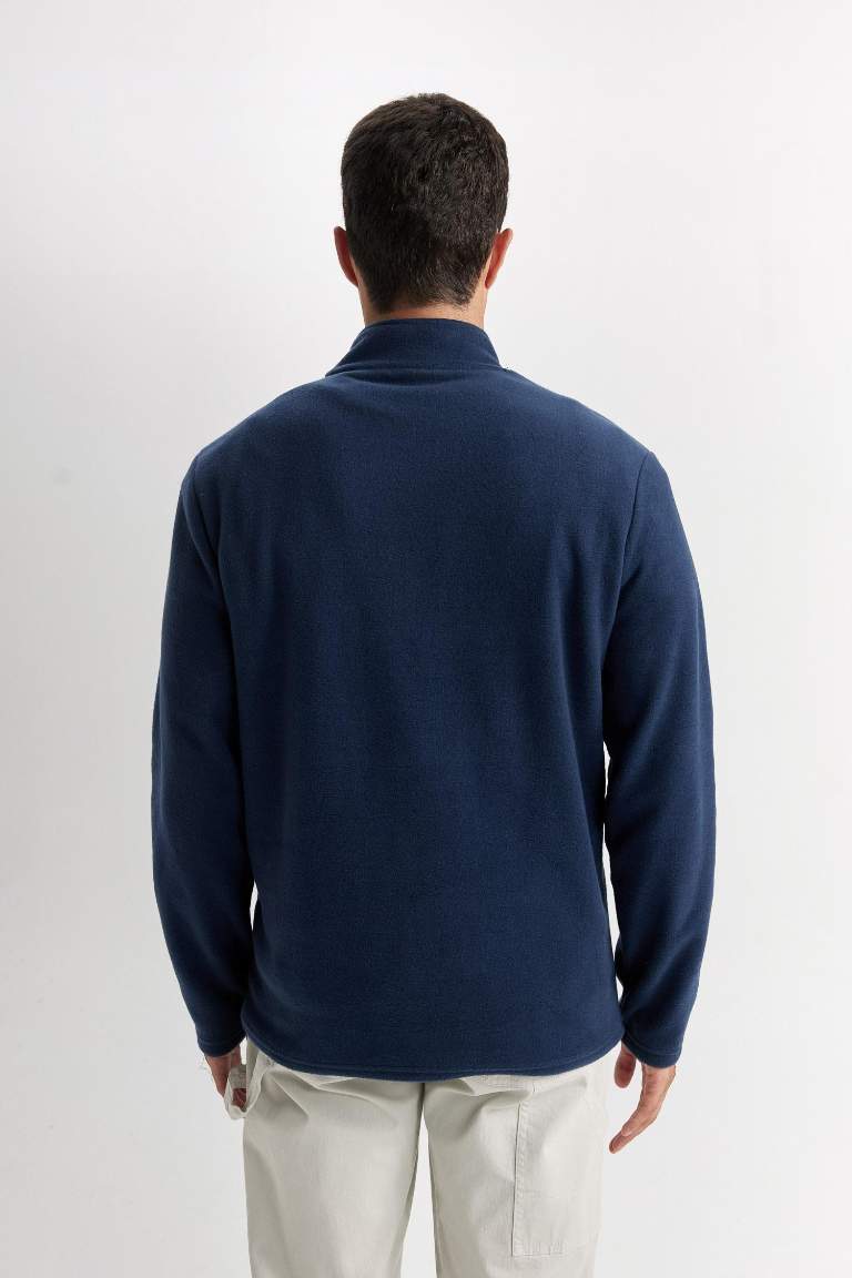 Lacivert Tüylenme Yapmayan Soğuk Geçirmez  Regular Fit Dik Yaka Fermuarlı Polar Sweatshirt