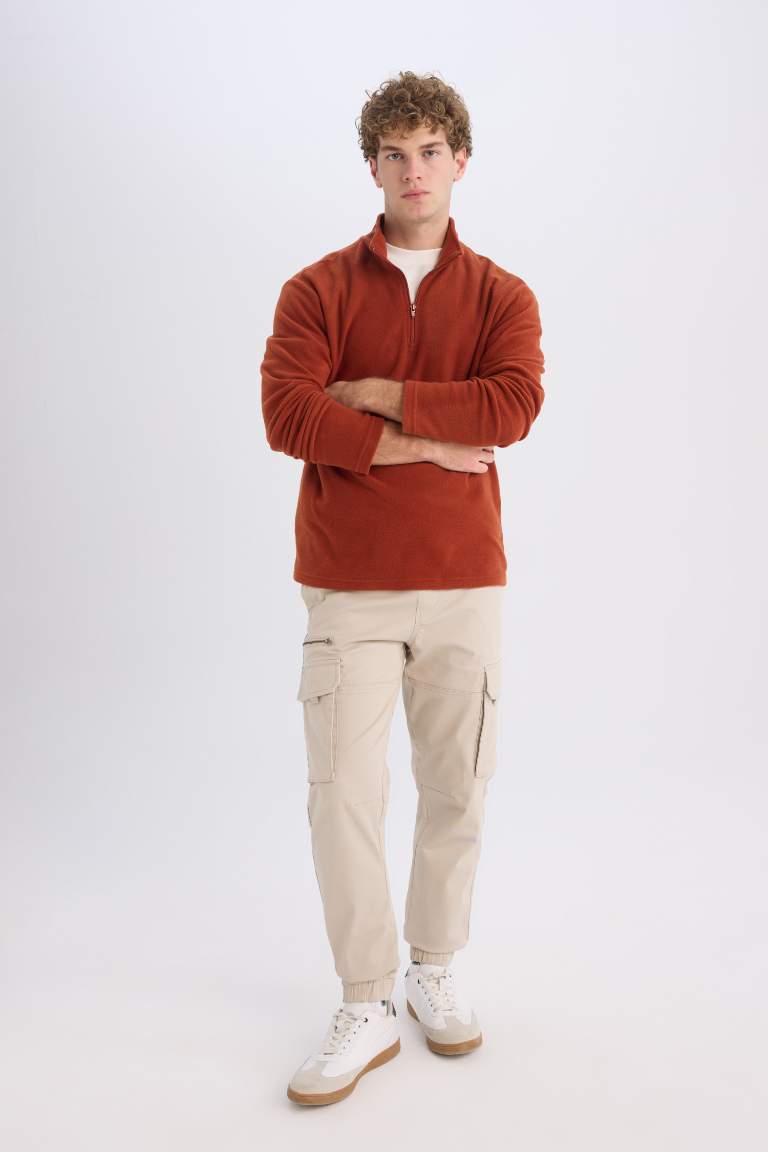 Turuncu Tüylenme Yapmayan Soğuk Geçirmez Regular Fit Dik Yaka Fermuarlı Polar Sweatshirt