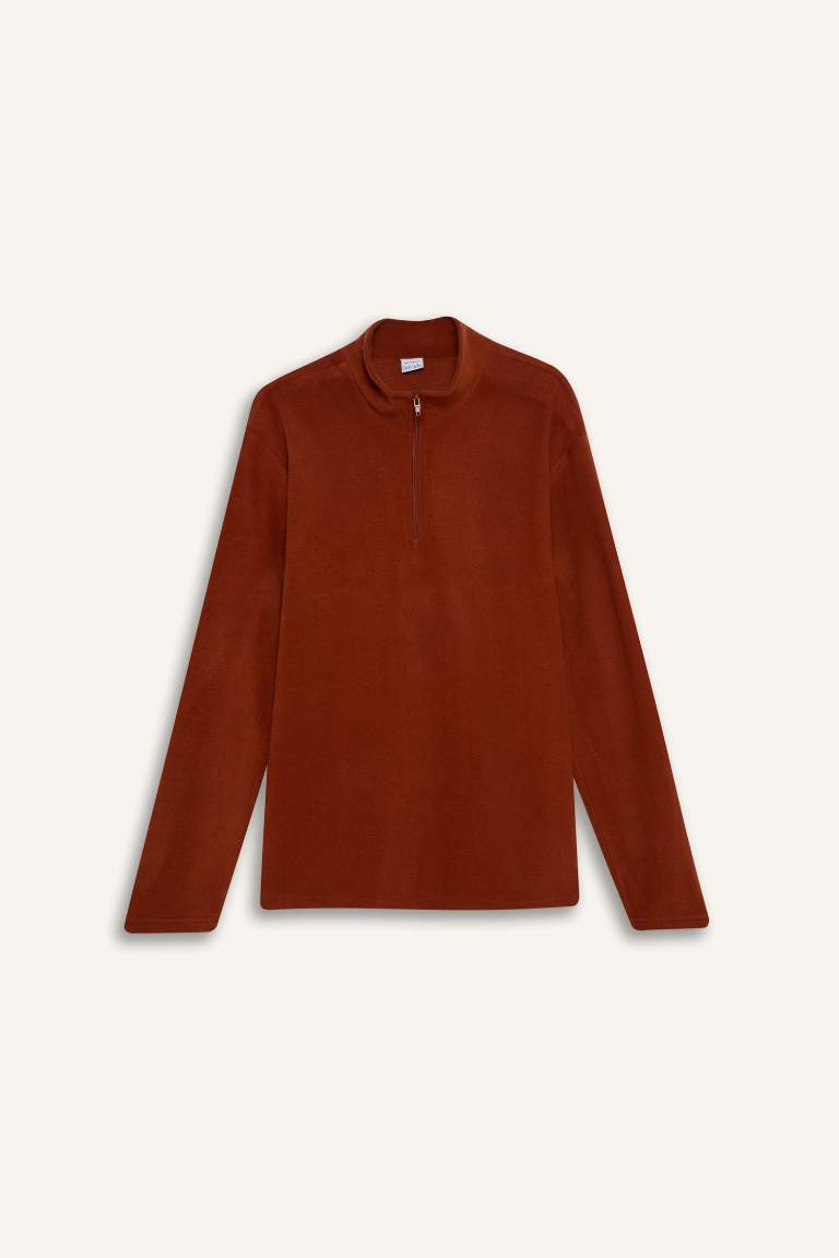 Turuncu Tüylenme Yapmayan Soğuk Geçirmez Regular Fit Dik Yaka Fermuarlı Polar Sweatshirt