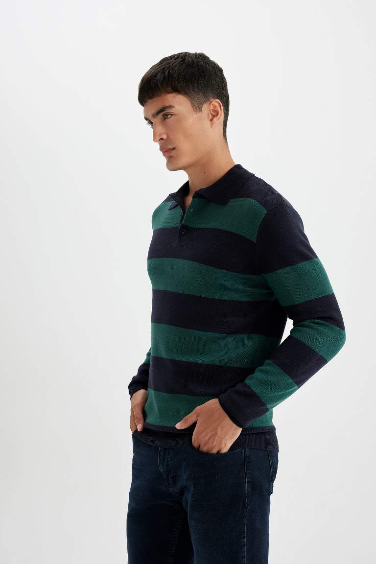 Standart Fit Normal Kesim Çizgili Polo Yaka Triko Kazak