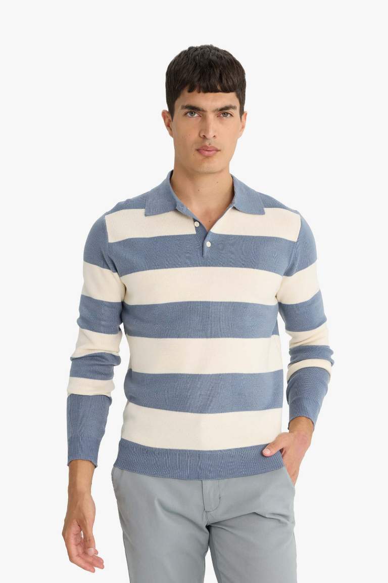 Standart Fit Normal Kesim Çizgili Polo Yaka Triko Kazak