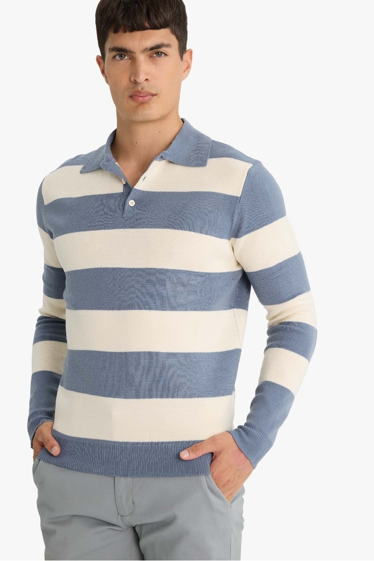 Standart Fit Normal Kesim Çizgili Polo Yaka Triko Kazak