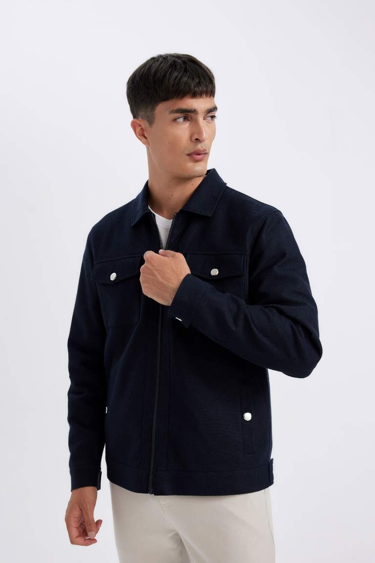 Slim Fit Dar Kesim Polo Yaka Astarlı Fermuarlı Cepli Mevsimlik Mont