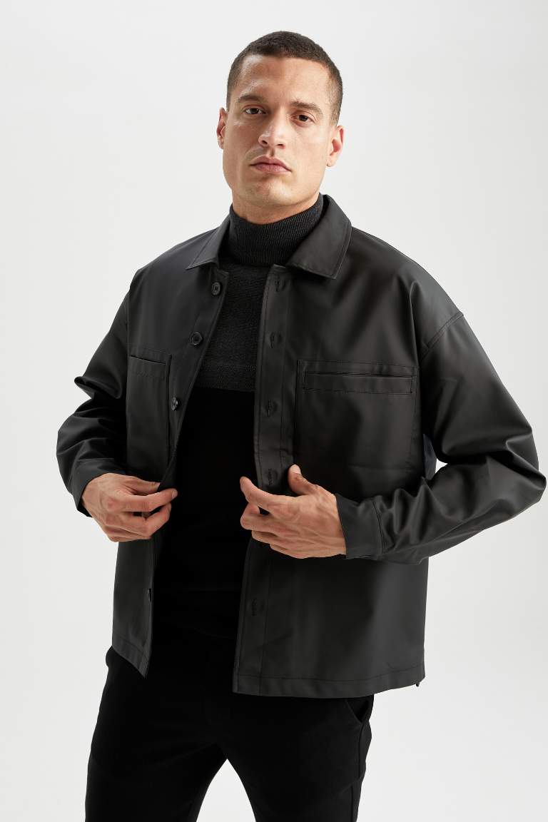 Black MAN Oversize Fit Shirt Collar Faux Leather Jacket 2631576 | DeFacto