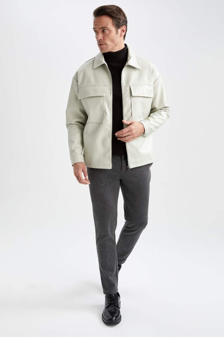 Oversize Fit Shirt Collar Jacket Faux Leather Coat