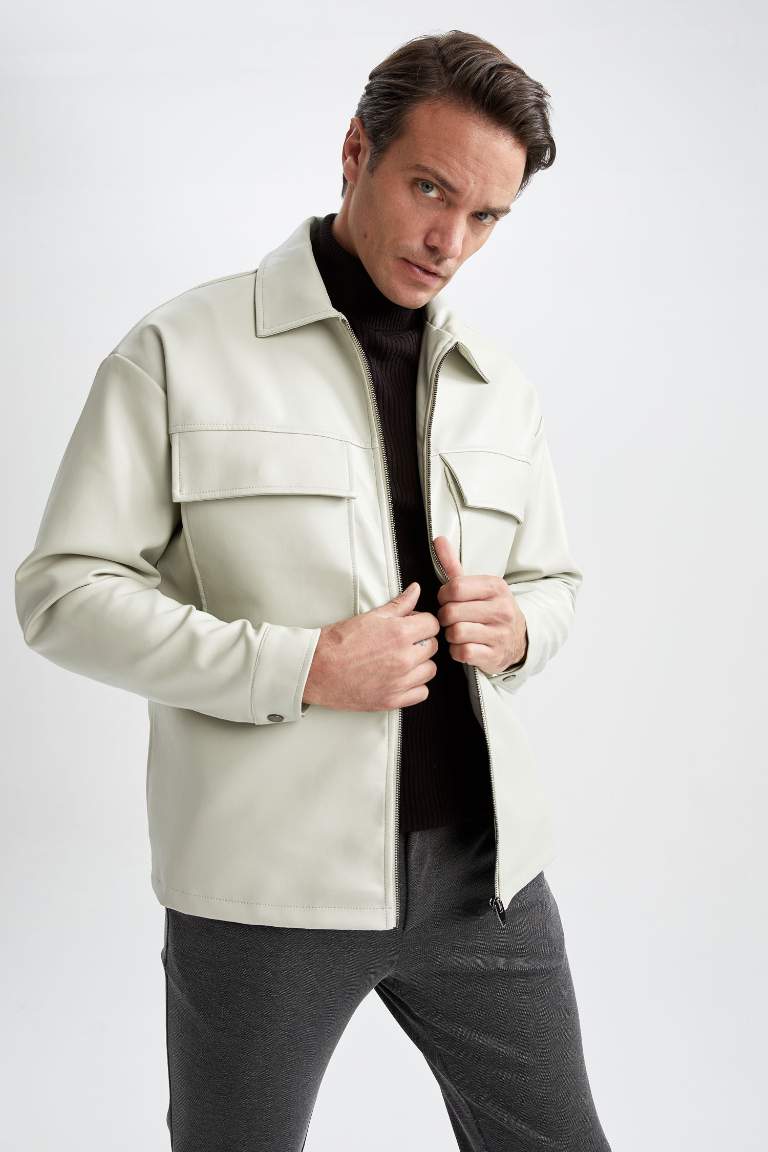 Oversize Fit Shirt Collar Jacket Faux Leather Coat