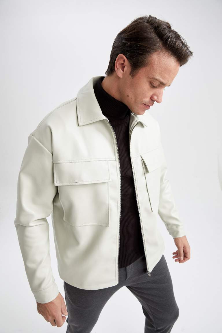 Oversize Fit Shirt Collar Jacket Faux Leather Coat
