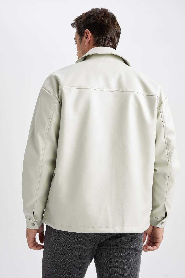 Oversize Fit Shirt Collar Jacket Faux Leather Coat
