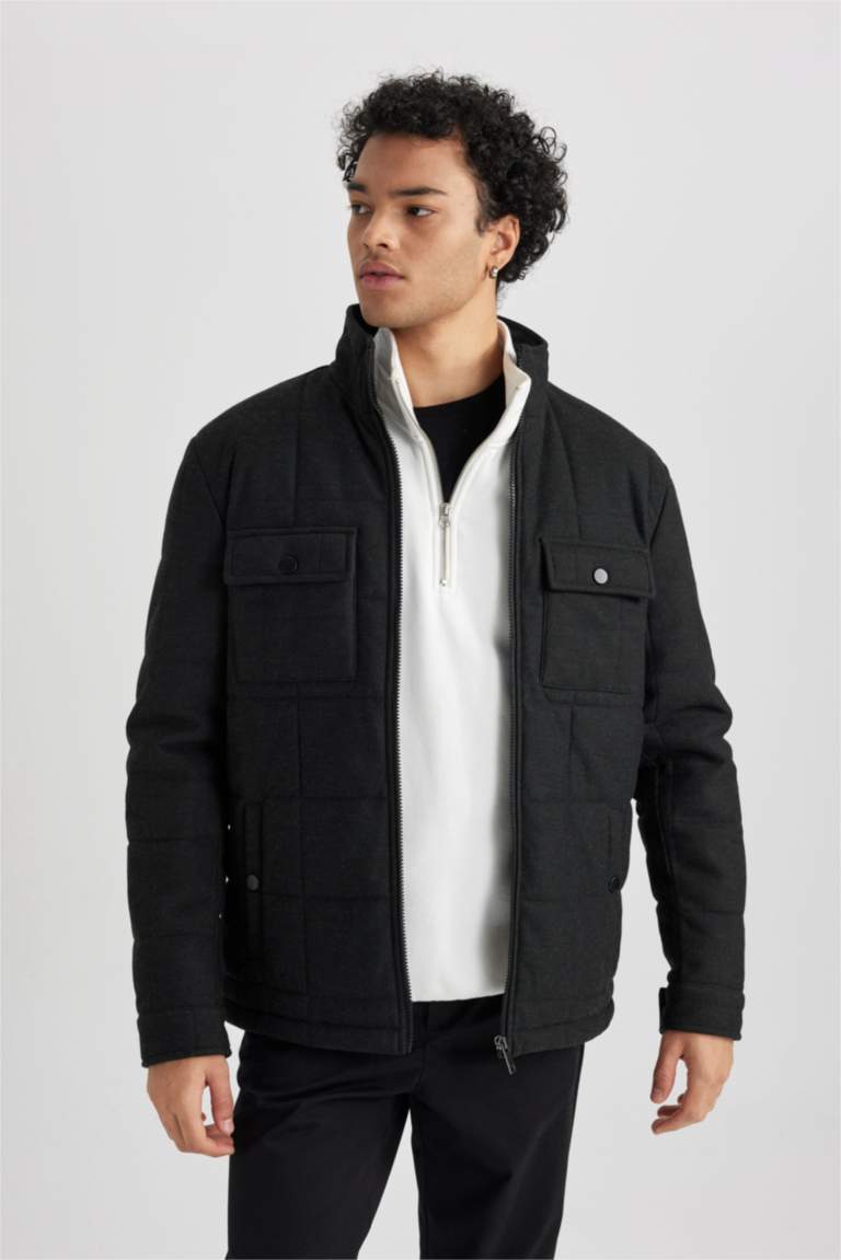 Anthracite MEN Slim Fit Stand Collar Jacket 2787656 DeFacto