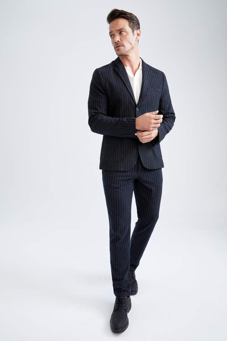 Slim Fit Astarlı Çizgili Blazer Ceket