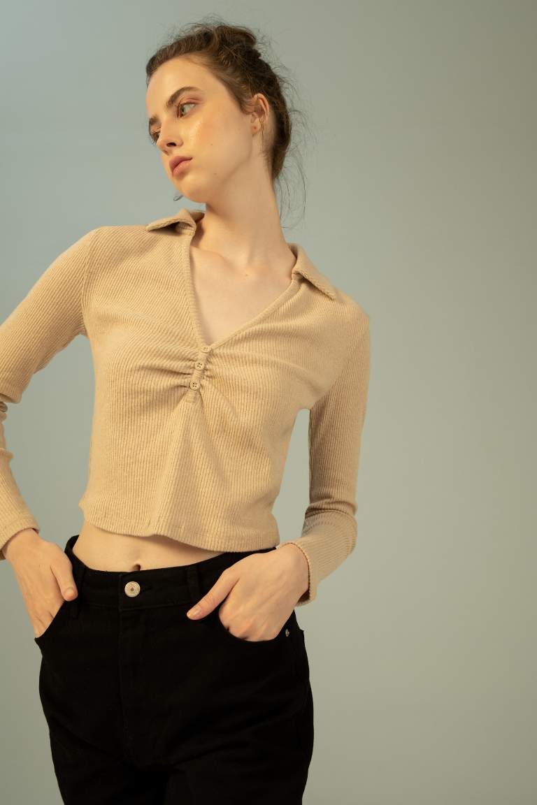 Fitted Polo Yaka Fitilli Kaşkorse Uzun Kollu Tişört