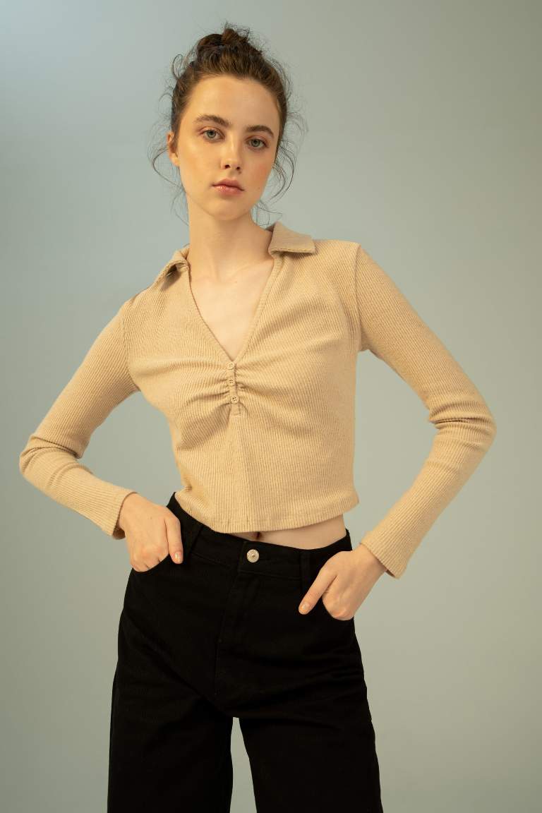 Fitted Polo Yaka Fitilli Kaşkorse Uzun Kollu Tişört