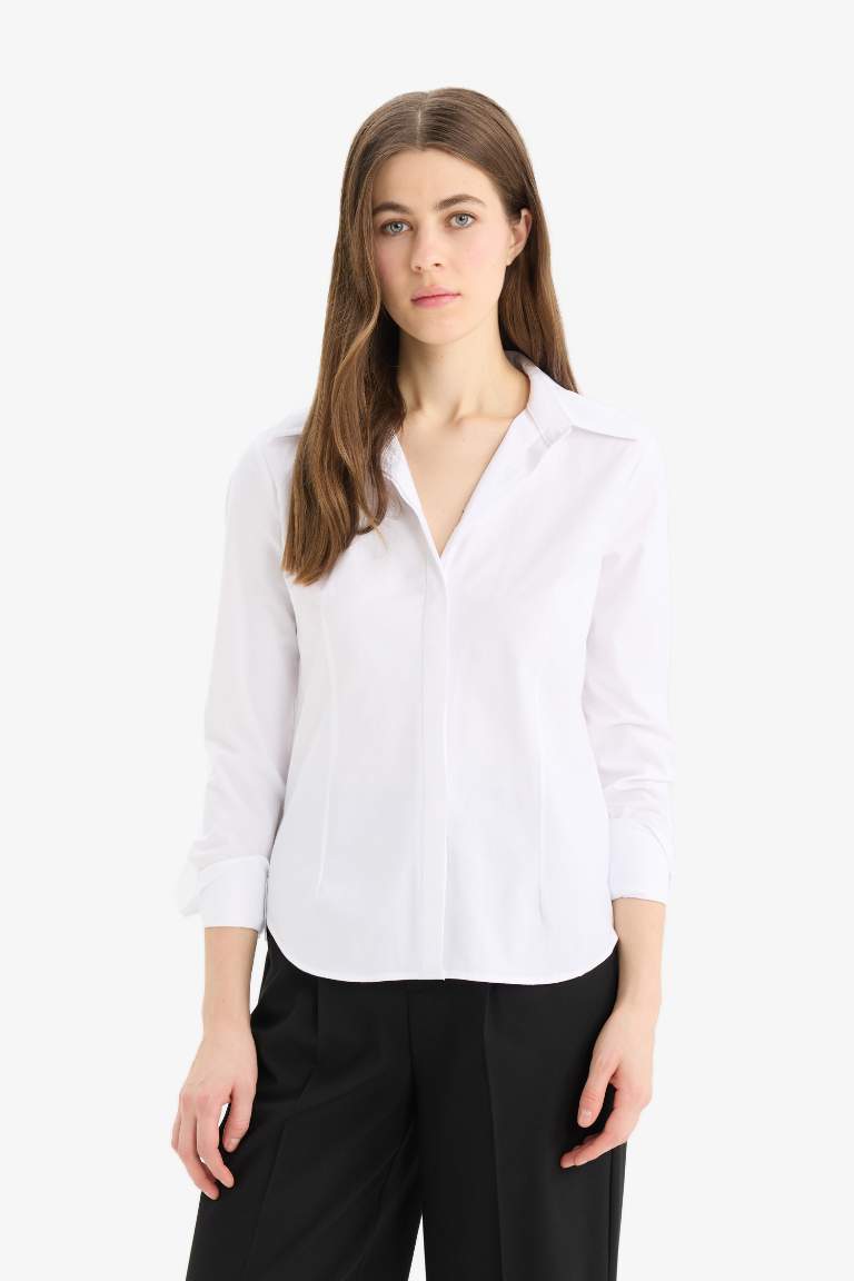 Fitted Bengalin Long Sleeve Basic White Shirt