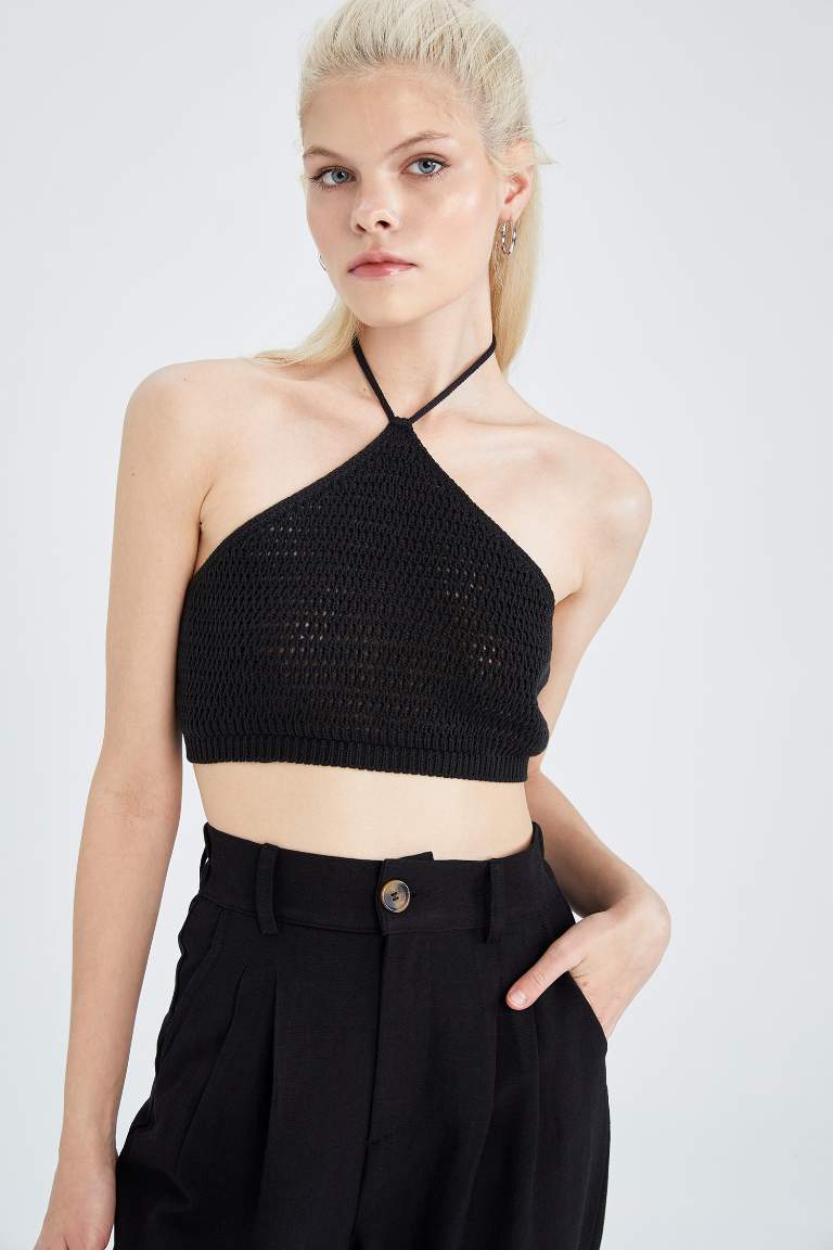 Fitted Crop Halter Knit Crochet Knitwear Singlet