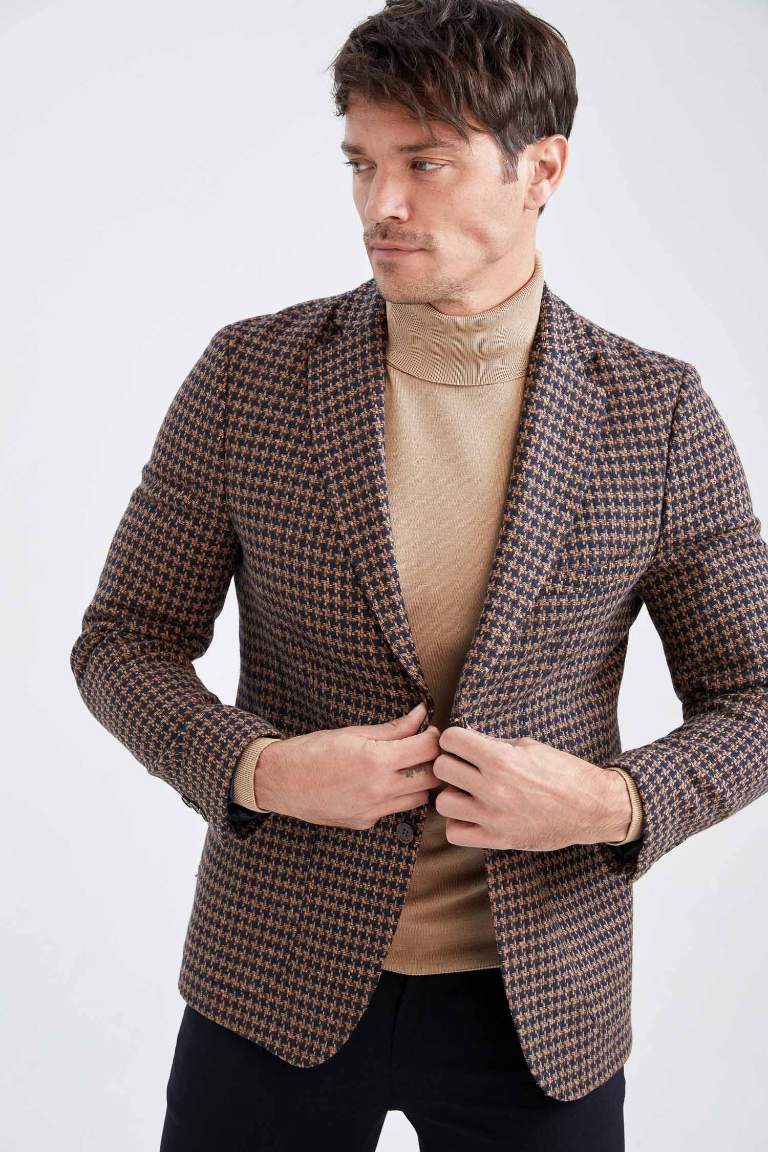 Slim Fit Kazayağı Desenli Astarlı Blazer Ceket
