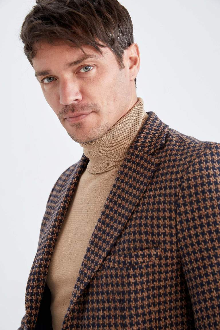 Slim Fit Kazayağı Desenli Astarlı Blazer Ceket