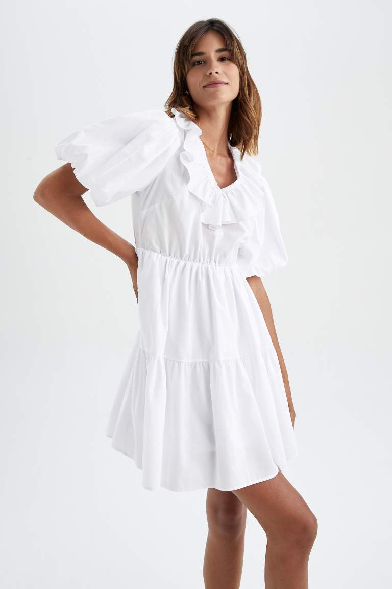 V-Neck Poplin Balloon Sleeves Mini Dress