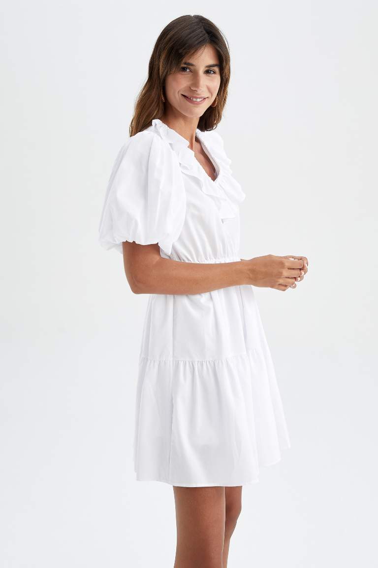 V-Neck Poplin Balloon Sleeves Mini Dress