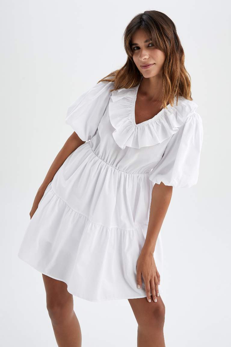 V-Neck Poplin Balloon Sleeves Mini Dress